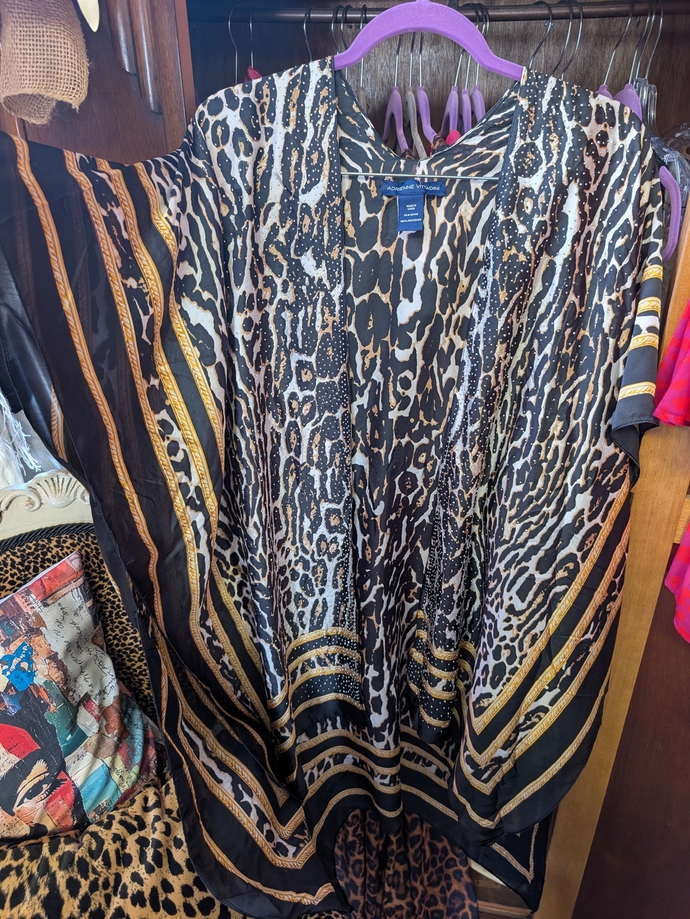 Adrienne Vittadini Black, Gold & Tan Animal Print Kimono Cardigan